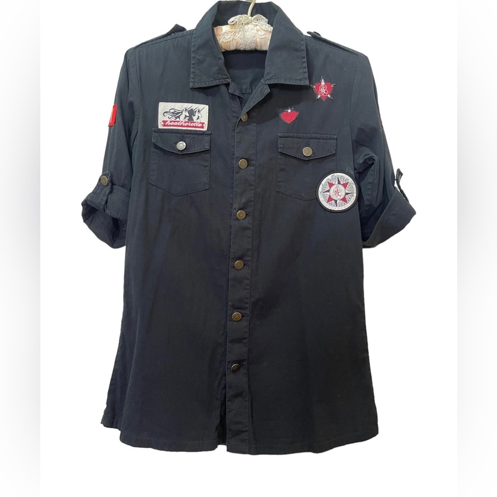Vintage Early Aughts Heatherette Military Style Shirt, Black, Size Medium